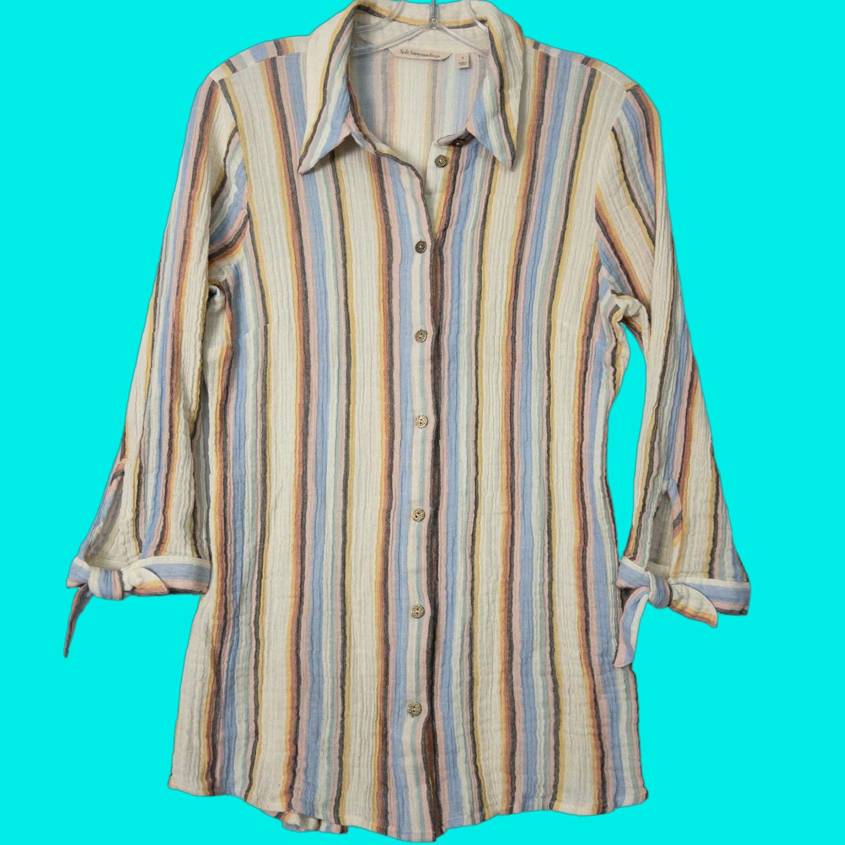 Soft Surroundings Soft Surroundings Senna Gauze Tunic Shirt Womens Small Button-Up Collar Striped Size S / US 4 / IT 40 - 1 Thumbnail