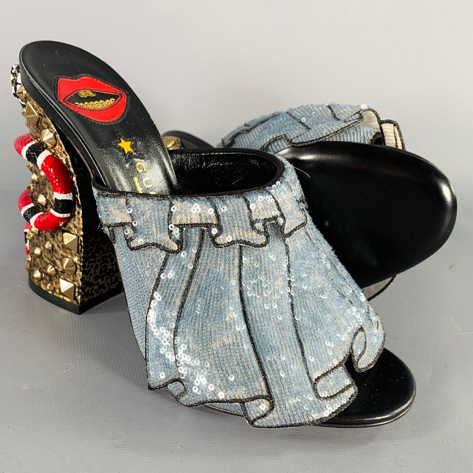 Gucci Size 8 Trompe L'oeil Blue Red Gold Beaded Mules Sandals Size US 8 / IT 38 - 6 Thumbnail