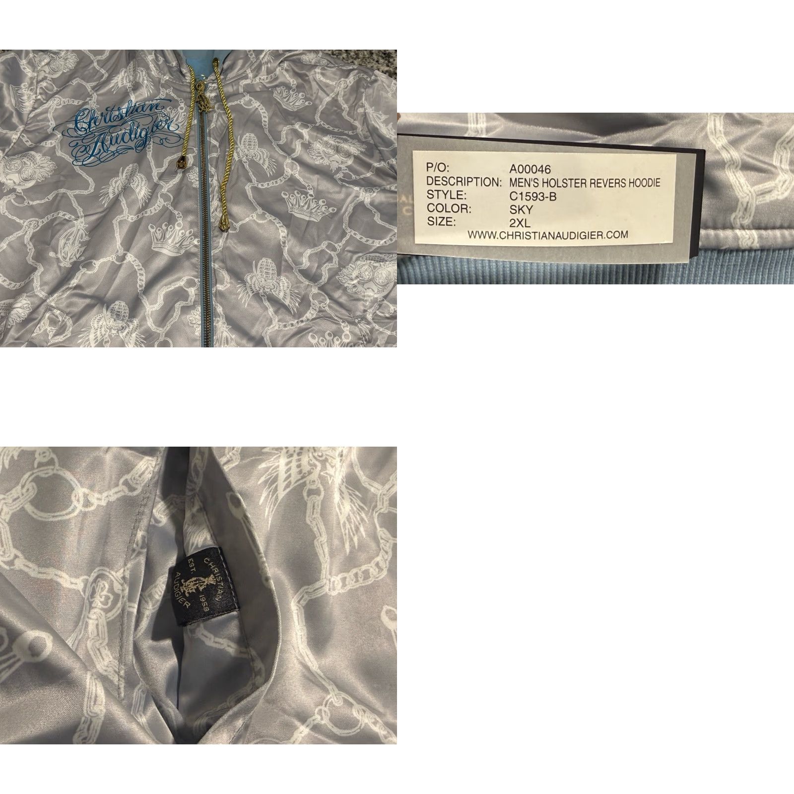 Vintage NWT Christian Audigier Holster Reversible Hoodie 2XL Blue Men Crown Gun Grenade Full Zip Reversible Size US XXL / EU 58 / 5 - 9 Thumbnail
