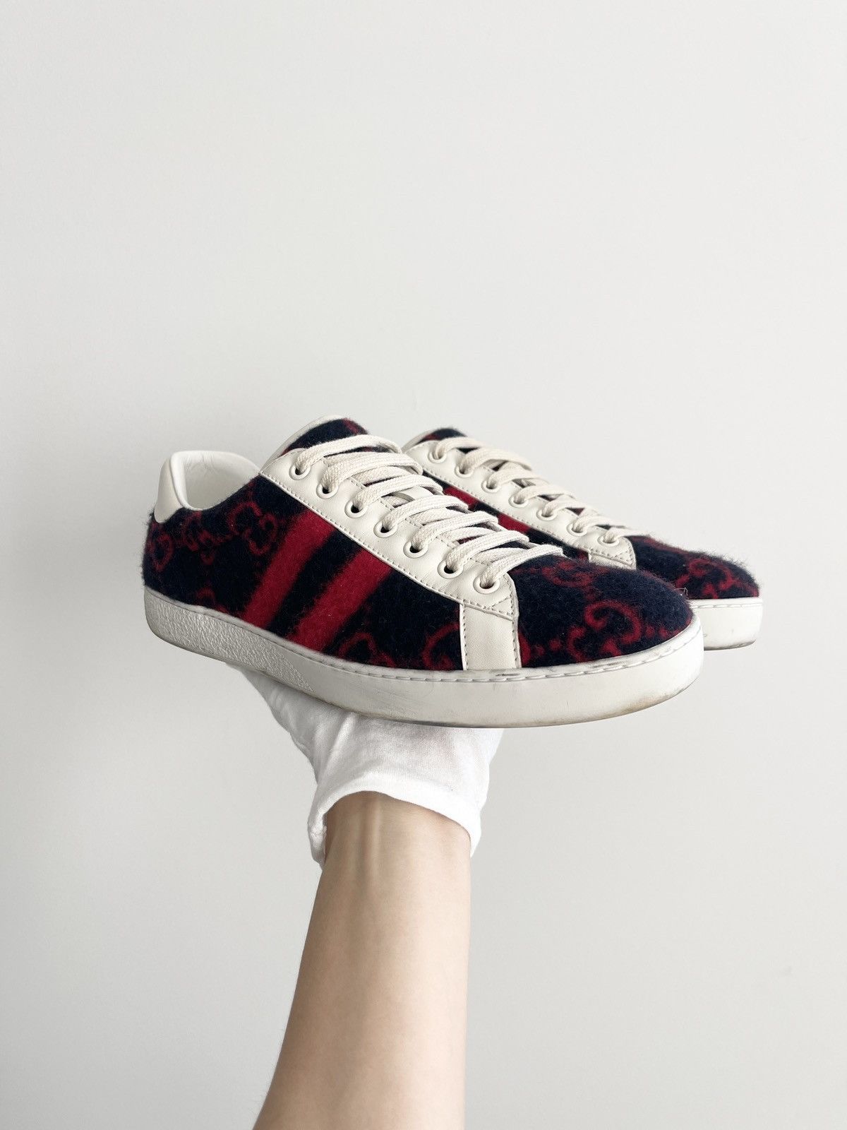 Gucci Ace Sneakers With Wool STEAL! Gucci Ace GG Wool 'Black Red