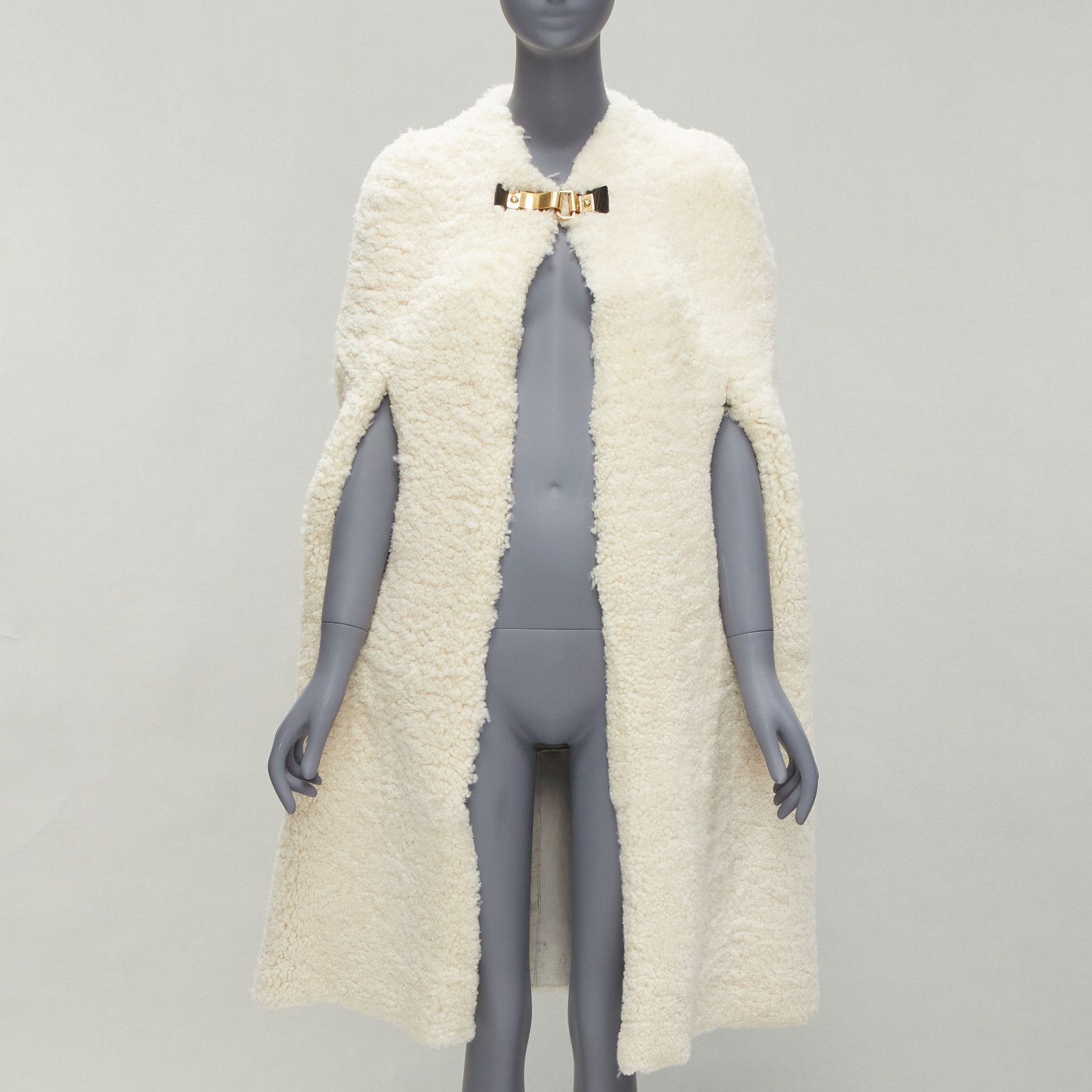 image of Old Celine Phoebe Philo 2010 Runway Gold Buckle Cream Shearling Cape Fr36, Women's (Size Small)