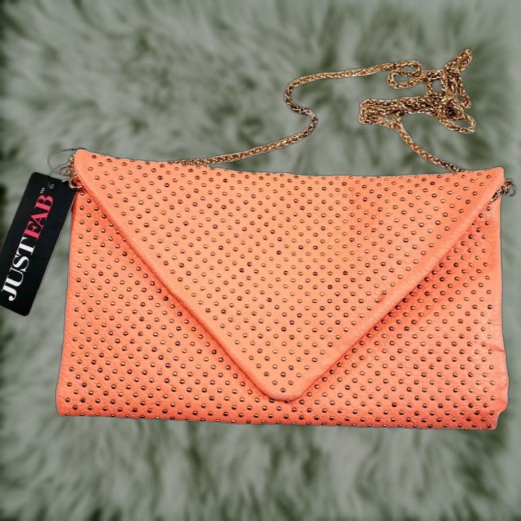 Vintage Justfab Coral Studded Shoulder Bag With Gold Chain Strap - Medium Women's Handbag in White