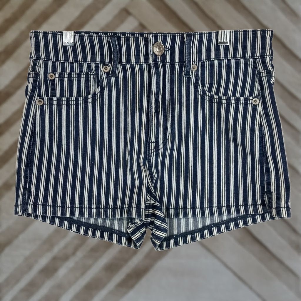 American Eagle Outfitters VINTAGE? No. American Eagle Outfitters Hi Rise Shortie Striped Denim Shorts Women Size 4 Size 27" / US 4 / IT 40 - 1 Thumbnail