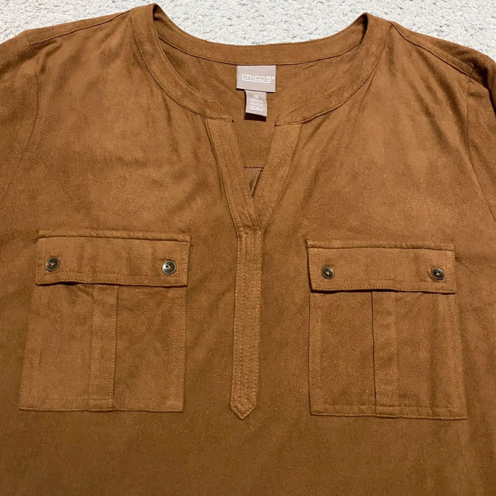 Vintage Chico's Womens XL Shirt Brown 3/4 Sleeve V-Neck Velvet Pockets Size XL / US 12-14 / IT 48-50 - 6 Thumbnail