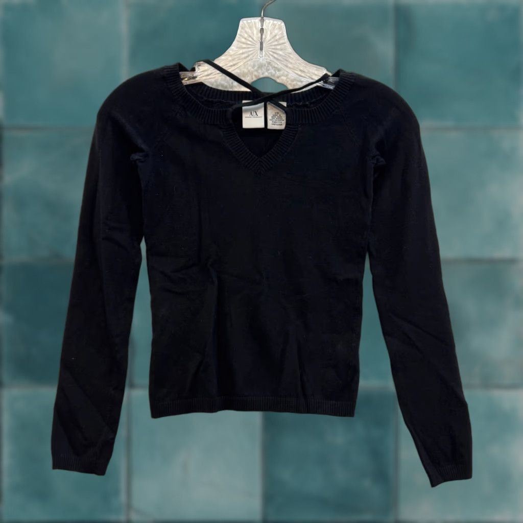 Armani Exchange Y2K Vintage Top XS Black Knit Long Sleeve Criss Cross Keyhole Neckline Corpcore Shirt Womens XS Black Knit Size XS / US 0-2 / IT 36-38 - 1 Thumbnail
