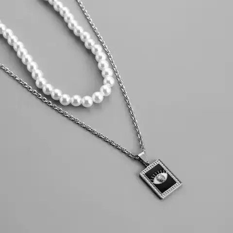 Other Pearl Choker Chain & Square Eye Titanium Necklace Size ONE SIZE - 3 Thumbnail