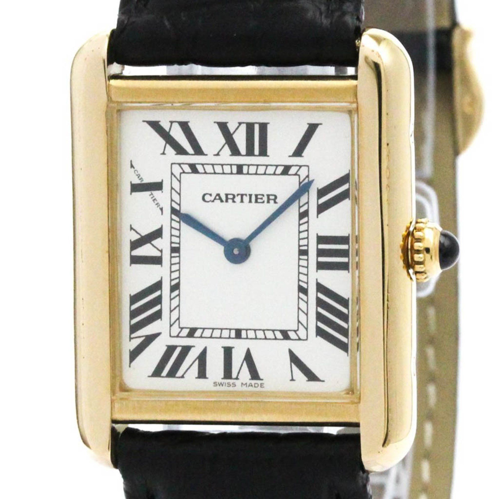Polished Cartier Tank Solo Sm 18K Gold Leather Quartz Ladies Watch W1018755 in Silver, Women's