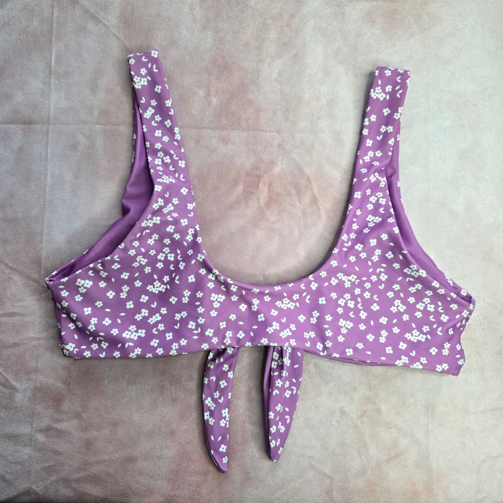 Other Purple White Floral Tie Front Padded Bikini Top Swim Medium Size ONE SIZE - 8 Thumbnail