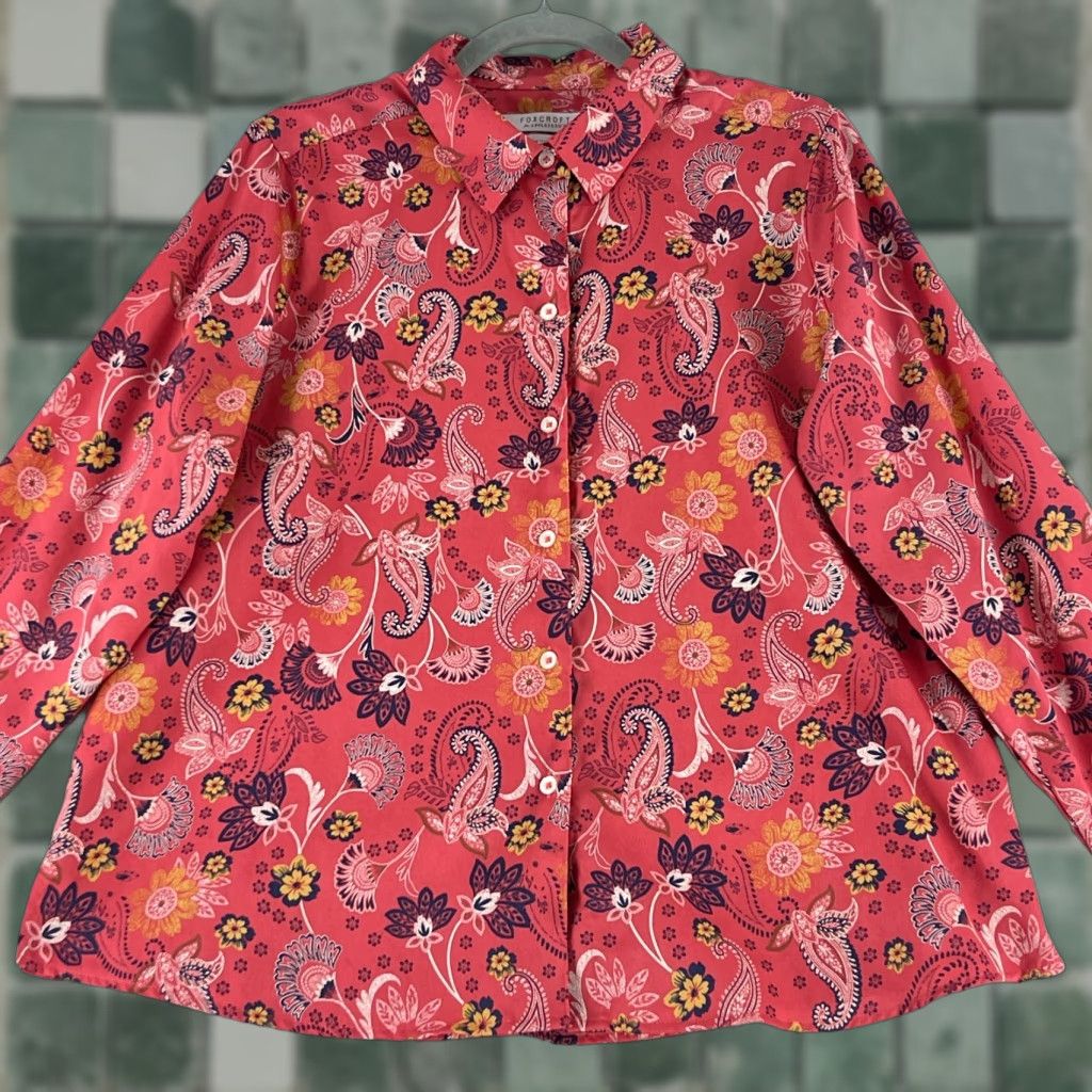 Vintage Foxcroft Button-Up Shirt Womens Size 16 Petite Red Paisley Long Sleeve Cotton Size XXL / US 16-18 / IT 52-54 - 1 Thumbnail