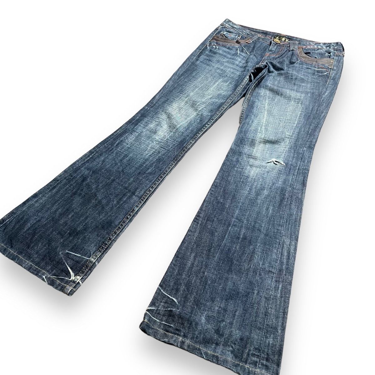 🇯🇵 SUPER FLARE BACK NUMBER LEATHER POCKET DENIM PANTS