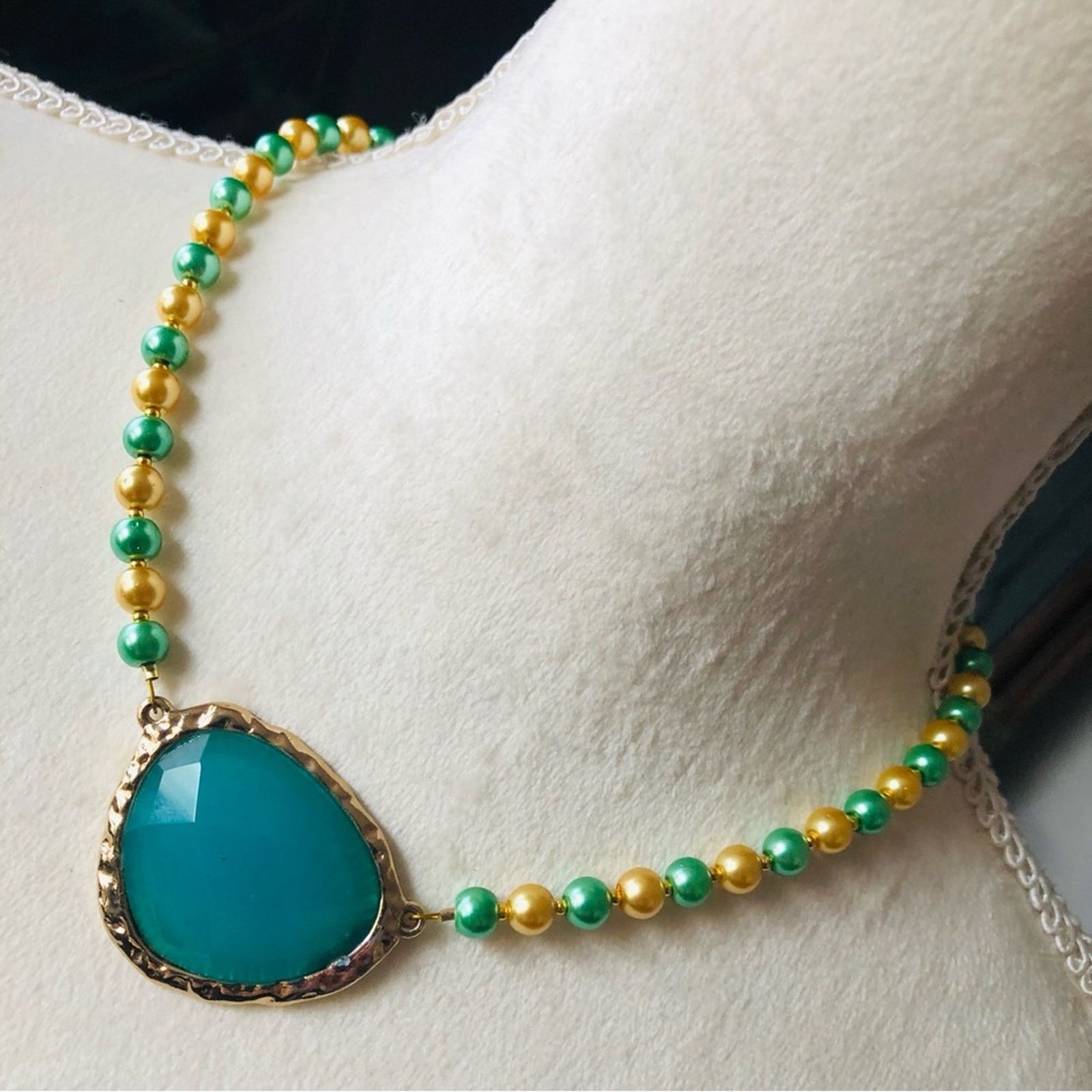 Handmade Handcrafted repurpose teal green dome glass Pearl necklace Size ONE SIZE - 1 Thumbnail