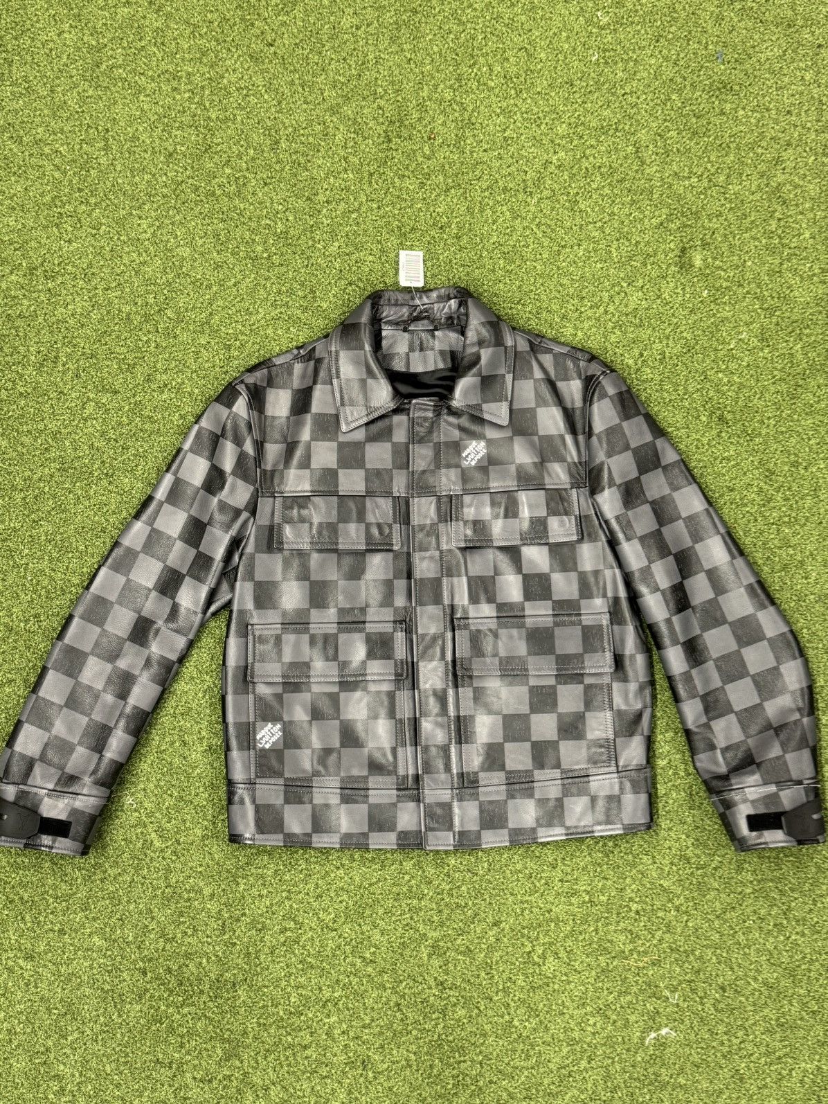 image of Louis Vuitton Damier Leather Jacket in Grey, Men's (Size Medium)