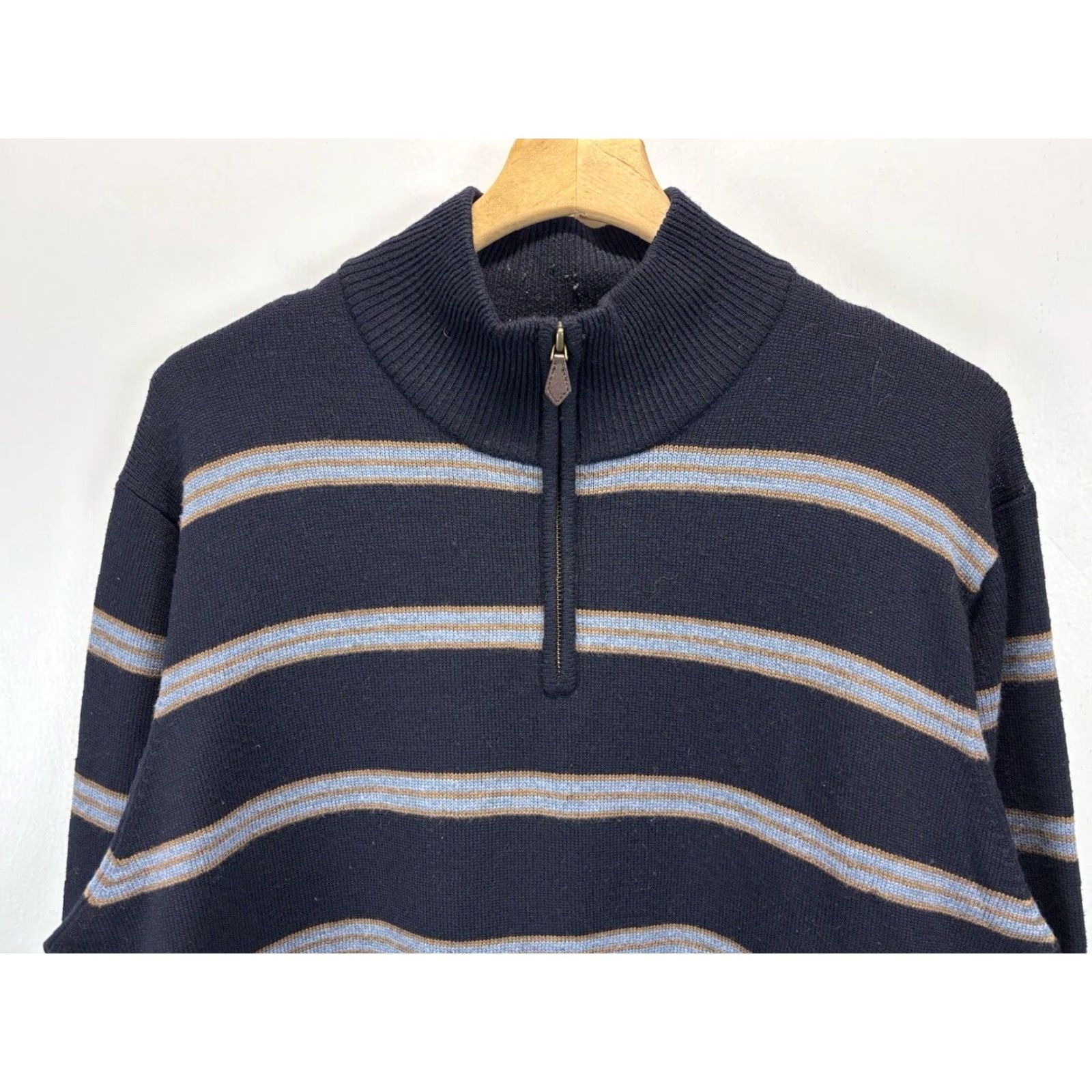 Brooks Brothers VINTAGE Brooks Brothers Merino Wool Knit Sweater Mens XL Navy Striped 1/4 Zip Mock Neck Pullover Knit Classic Preppy 100% Wool Size US XL / EU 56 / 4 - 2 Thumbnail