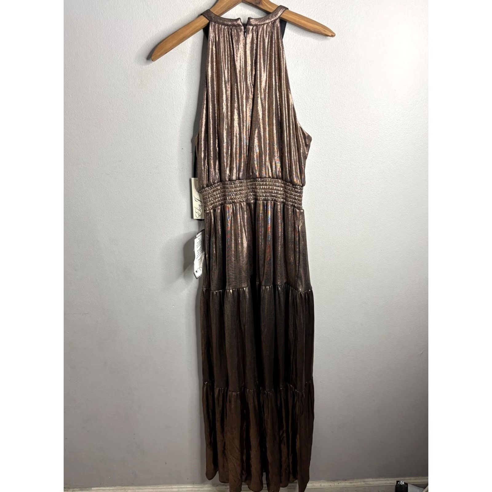 Vintage Eliza J Dress Womens 10 Bronze Metallic Halter Maxi Tiered Evening Gown Size L / US 10 / IT 46 - 5 Thumbnail