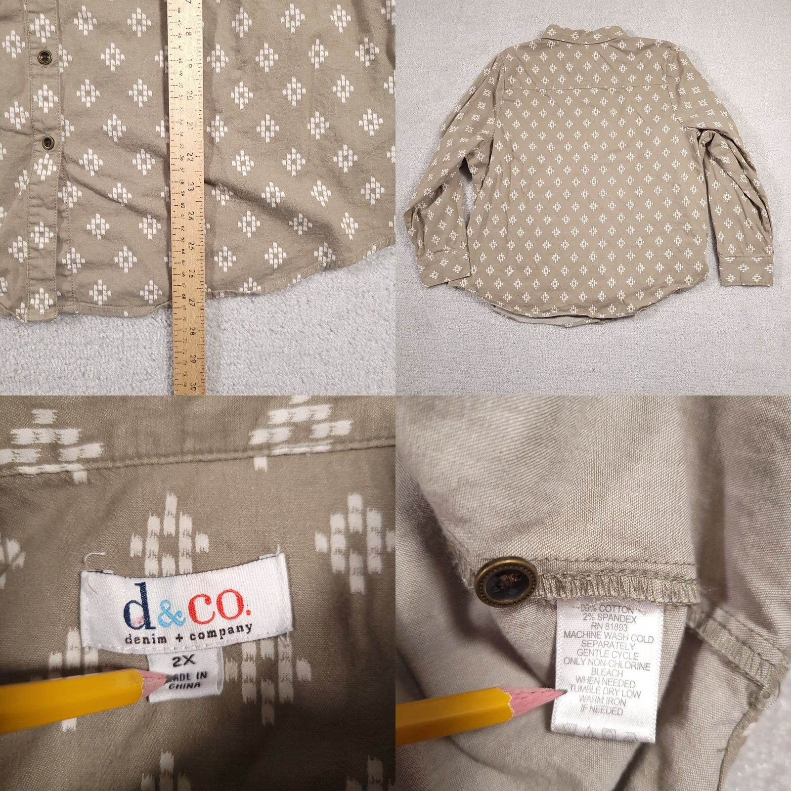 Denim & Co. Denim & Co. Shirt Women's Plus 2X Green Long Sleeve Geometric Print Button Up Size XXL / US 16-18 / IT 52-54 - 8 Thumbnail