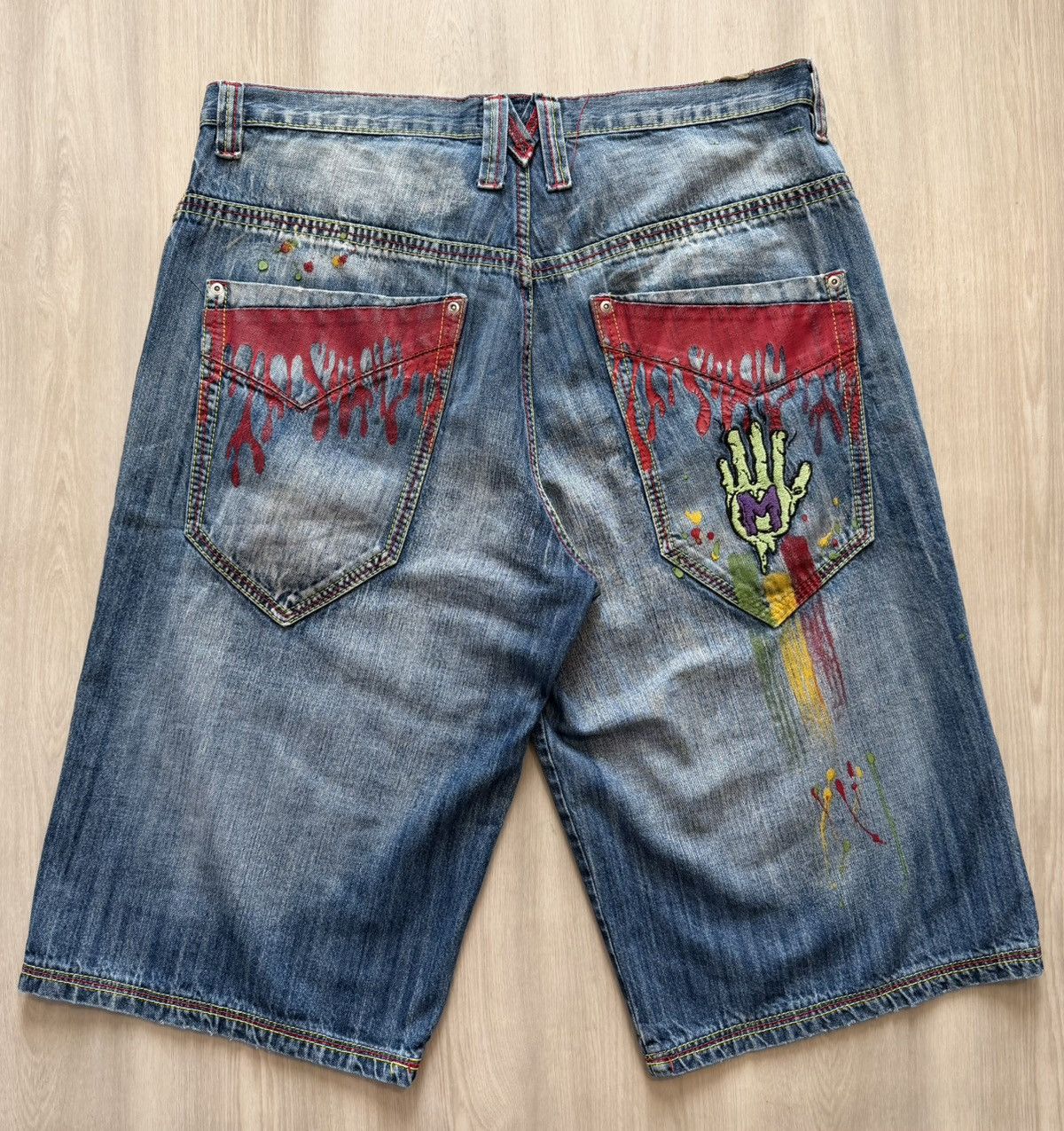 Vintage Miskeen Denim Shorts Sz 38 Bloody Pockets Zombie