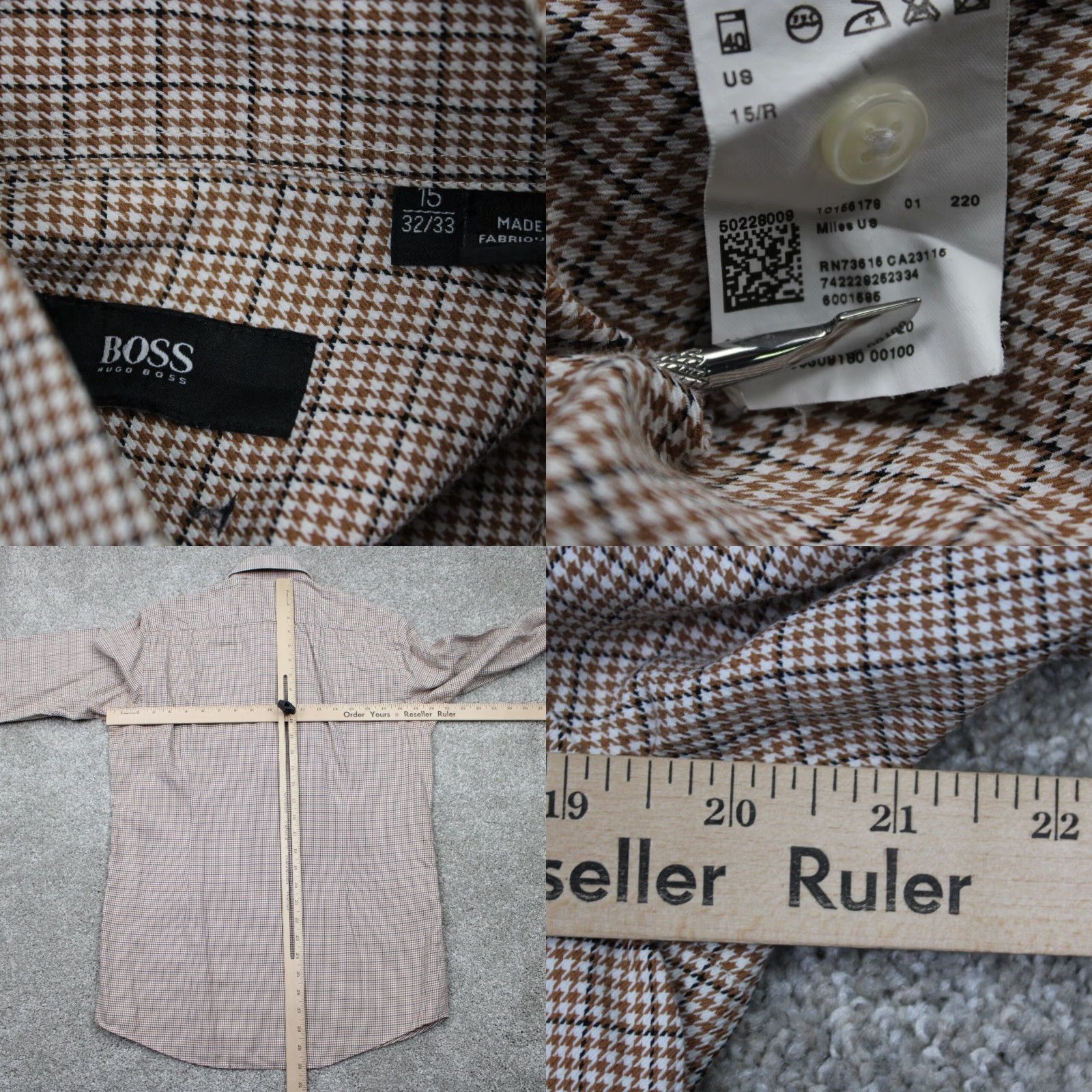 Hugo Boss HUGO BOSS Dress Shirt Mens 15 32/33 Brown White Cotton L/S Button Collar Check 21 in Chest Size 40R - 8 Thumbnail