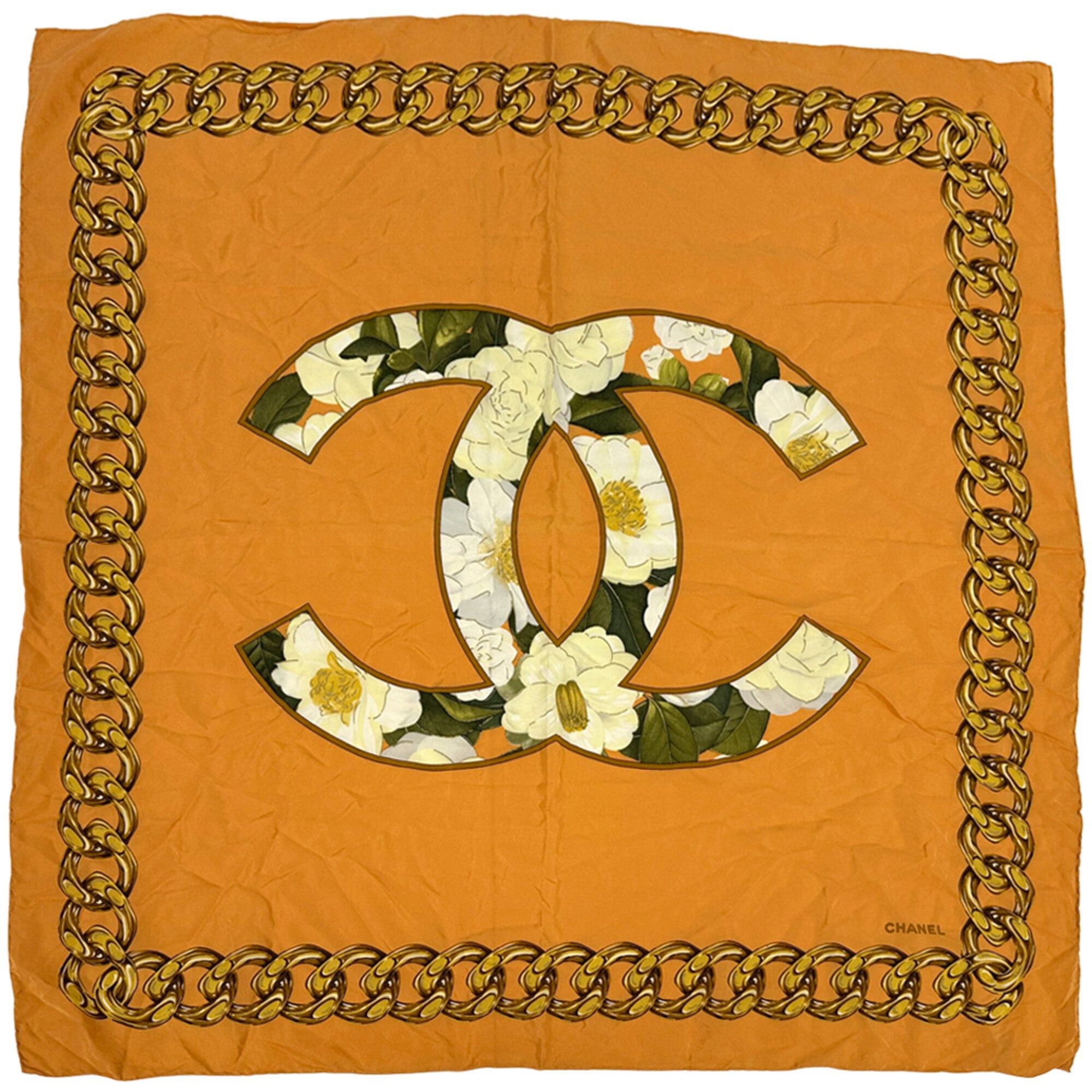 Chanel Chanel scarf/muffler, women's, brand name, silk, orange, multicolor, camellia, floral pattern, chain. Size ONE SIZE - 1 Thumbnail
