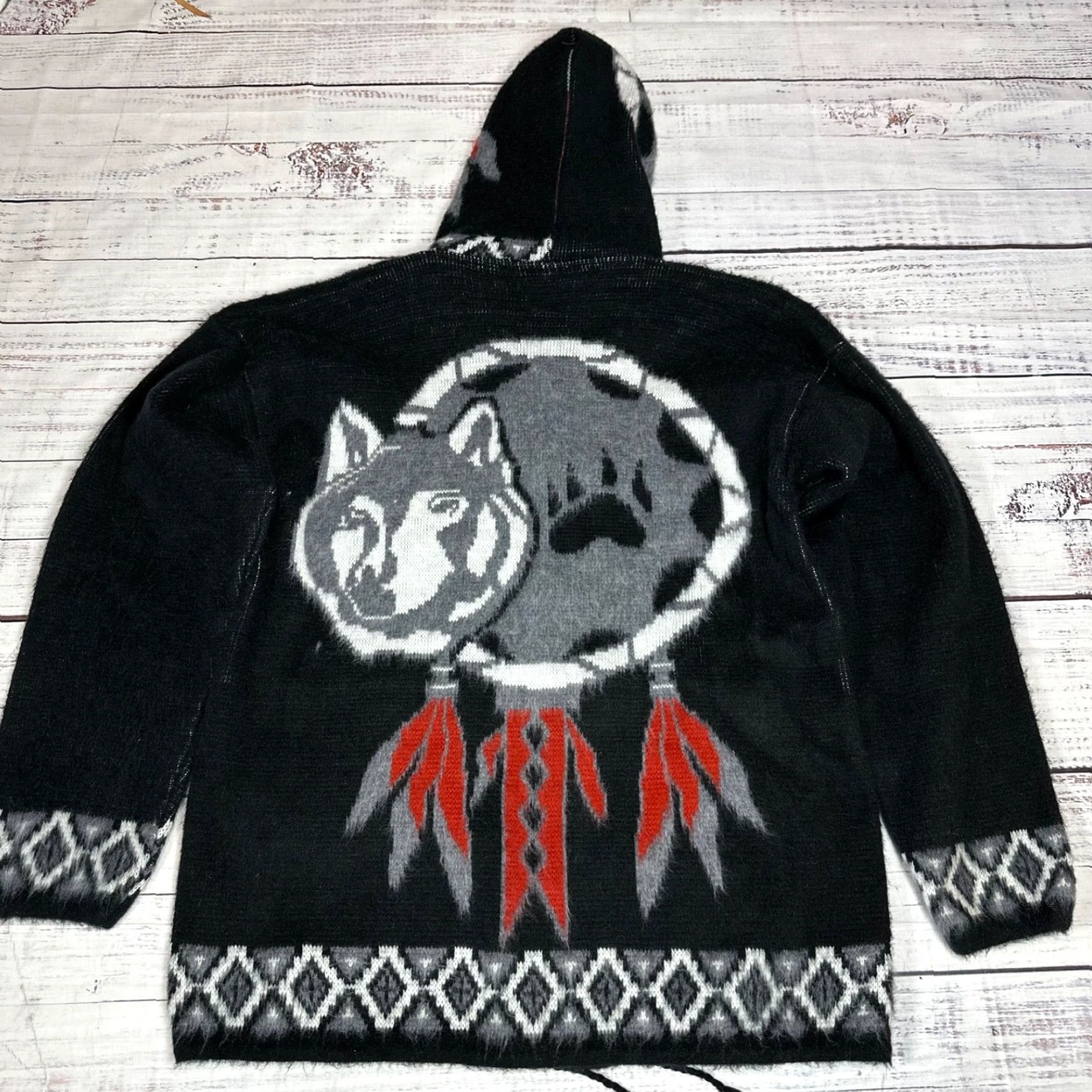Vintage Vtg Mens Hooded Wool Zip Up Cardigan Sweater M Black Wolf Dreamcatcher Size US M / EU 48-50 / 2 - 4 Thumbnail