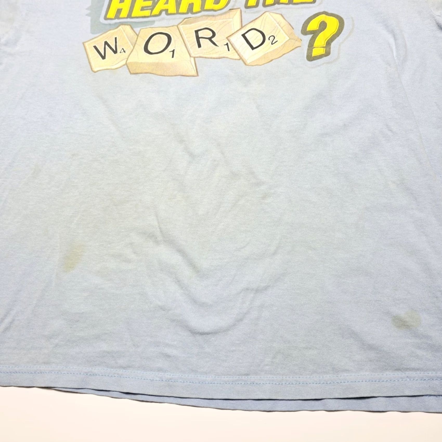 Gildan Subway Scrabble Promo Staff T-Shirt Men Large Distressed Two-Sided Logo Solid Crew Neck Short Sleeve Blue Size US L / EU 52-54 / 3 - 6 Thumbnail