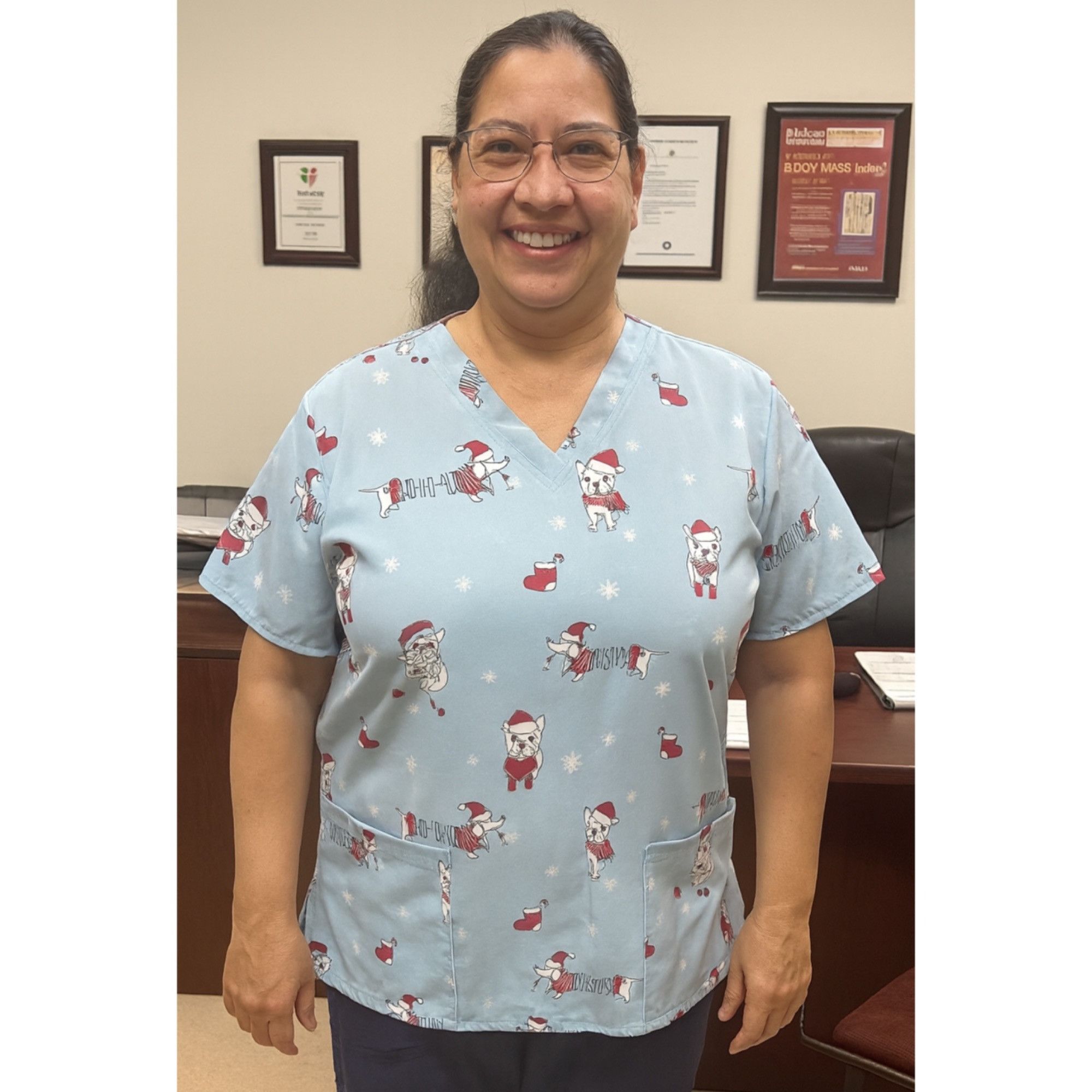 Other Scrubaid Women's Scrub Top Blue Shirt French Bulldog Xmas Size L / US 10 / IT 46 - 1 Thumbnail