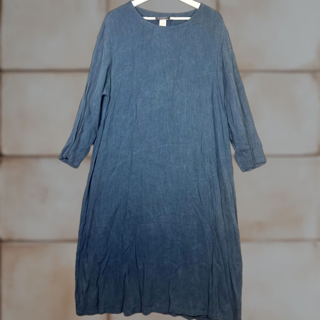 Eileen Fisher VINTAGE Eileen Fisher Dress Blue A-Line Midi 3/4 Sleeve Women Large L Ladies 90s Size L / US 10 / IT 46 - 1 Thumbnail