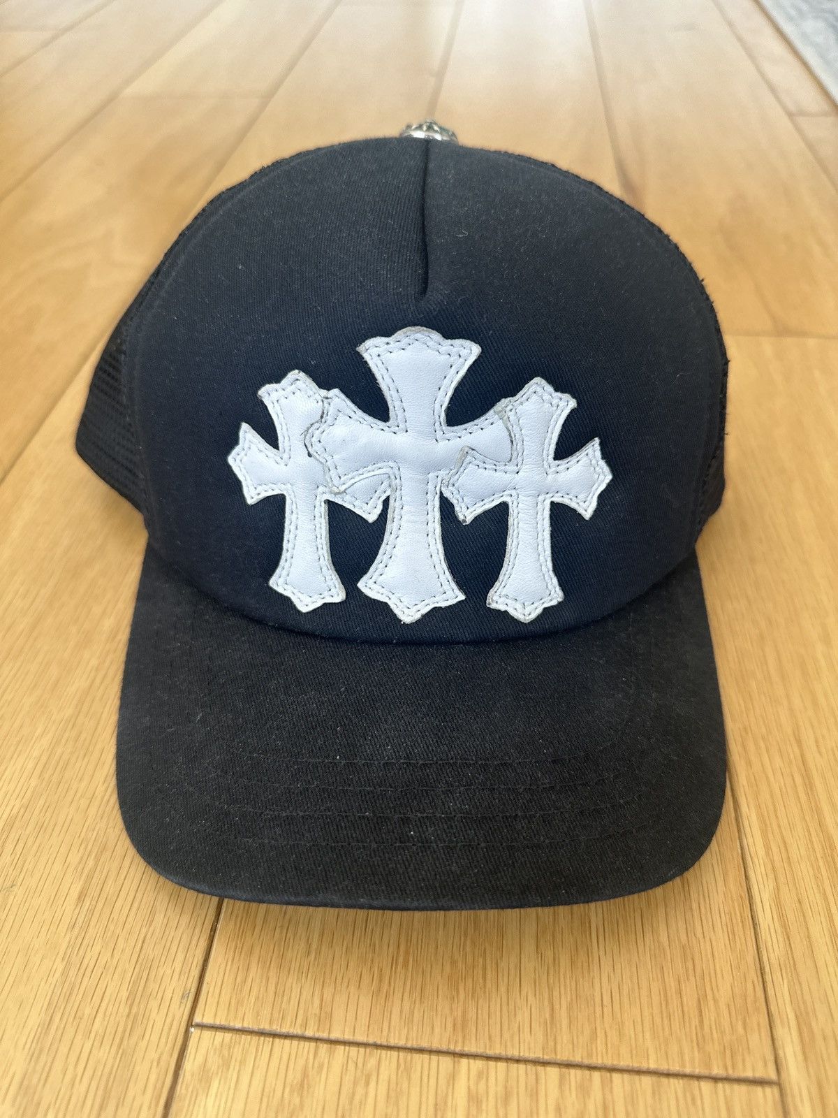 image of Chrome Hearts Triple Cross Cemetery Leather Trucker Hat in Black, Men's