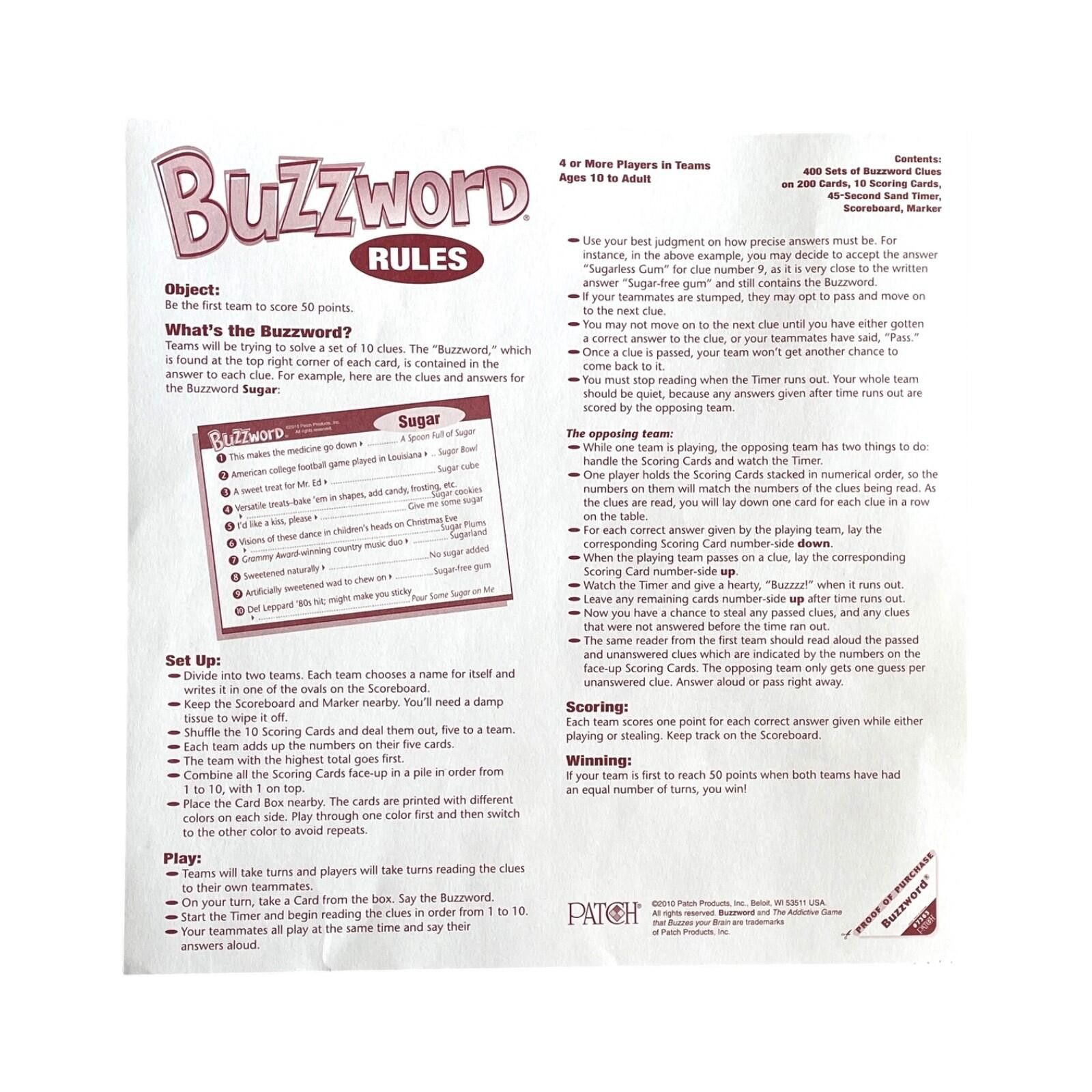 Other Buzz Word Board Game 2010 Complete Patch 1000 Clues CLEAN! Size ONE SIZE - 3 Thumbnail