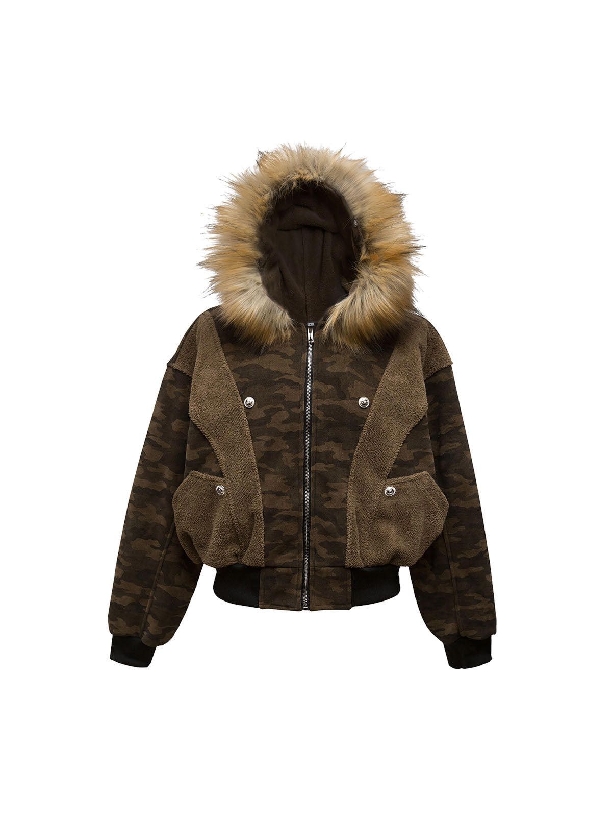 Japanese Brand Camouflage Spliced Fur Hooded Fleece Jacket - 2262 Size US M / EU 48-50 / 2 - 3 Thumbnail