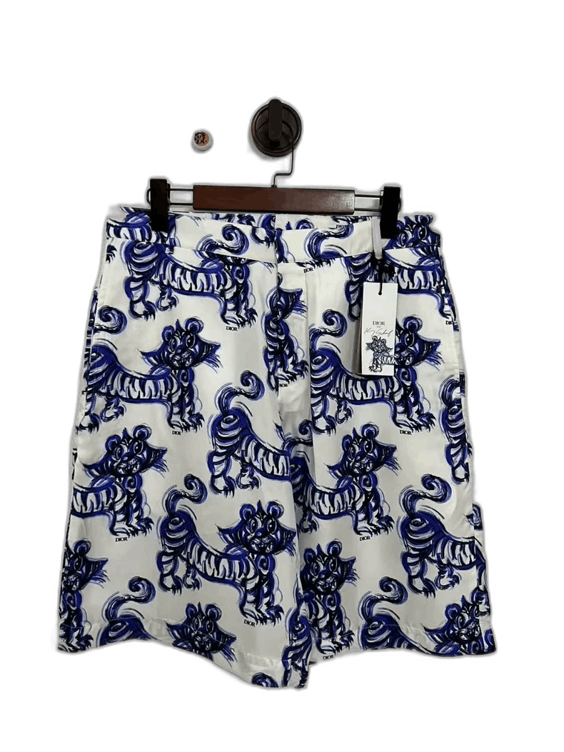 Dior Blue Tiger Print Silk Shorts
