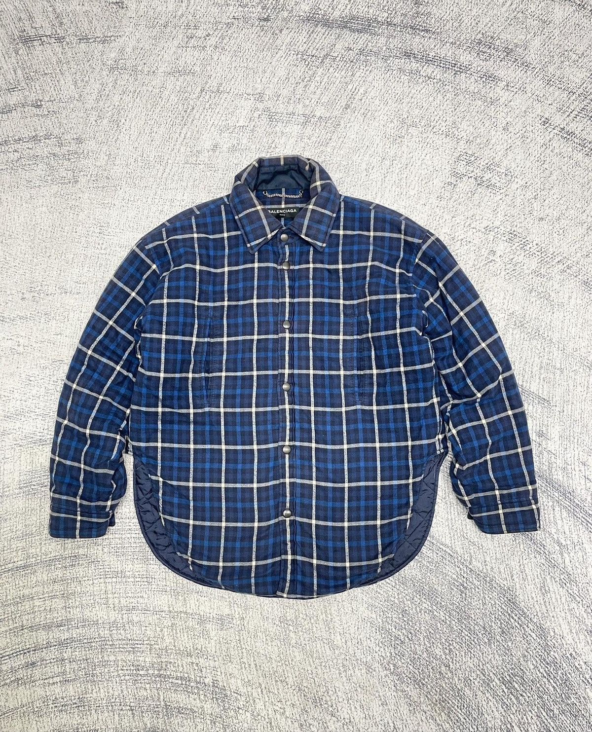 image of Balenciaga Aw17 Flannel Padded Jacket in Blue, Men's (Size Small)