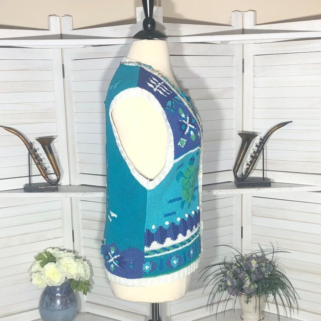 Vintage 90s granny's vest cotton knitted teal blue ocean theme XL Size XL / US 12-14 / IT 48-50 - 3 Thumbnail
