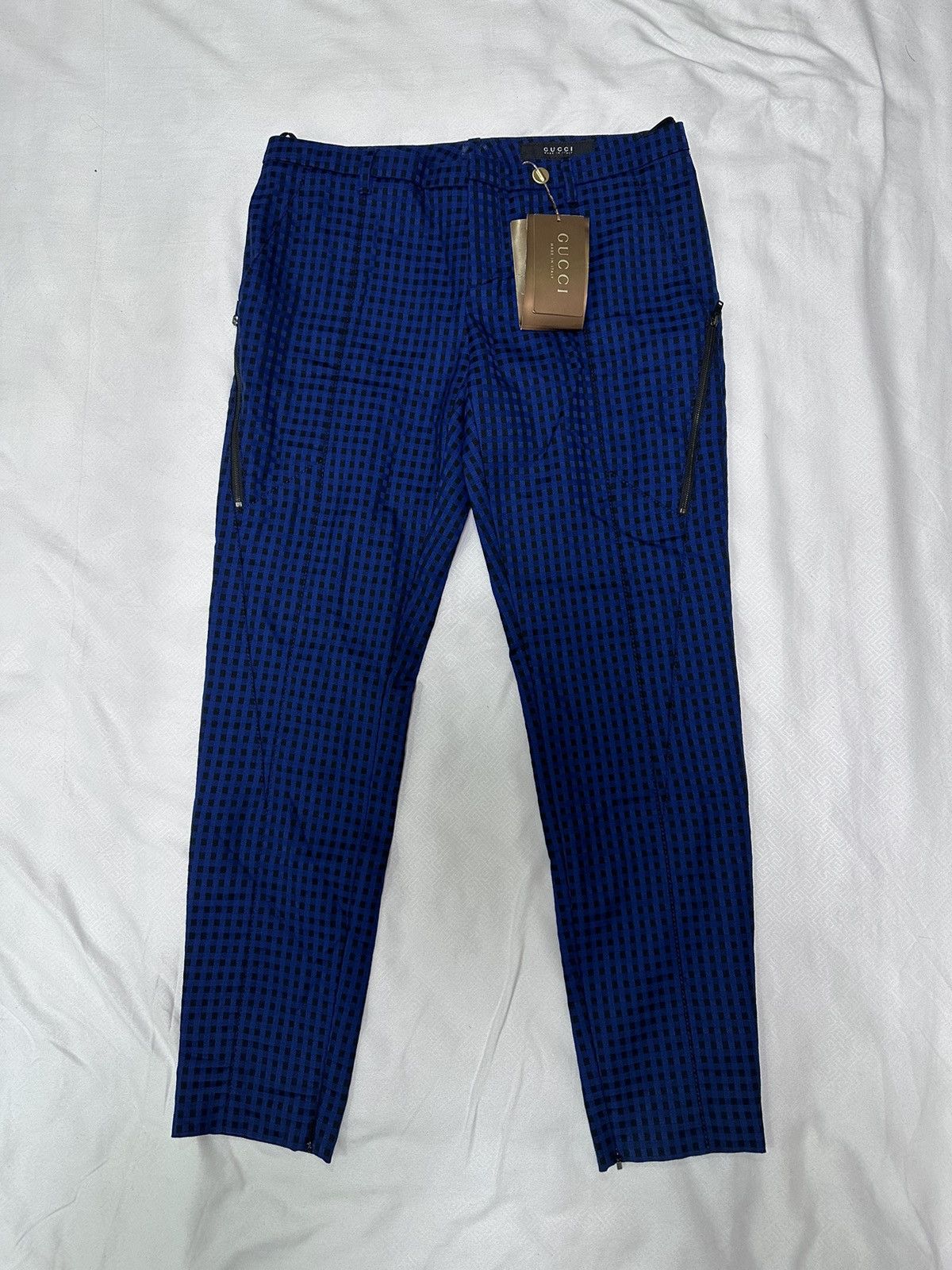 image of Gucci Blue/black Checkered Ankle-Zip Trousers in Blue Check, Women's (Size 30)