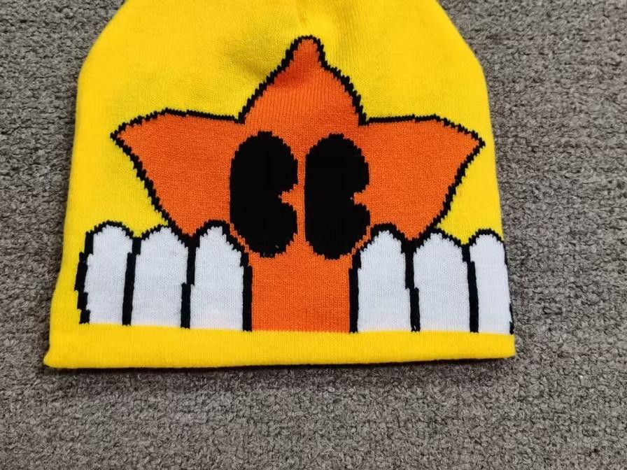 Japanese Brand StarBoy Star Emoji No Cuff Knit Skully Beanie Hat Yellow