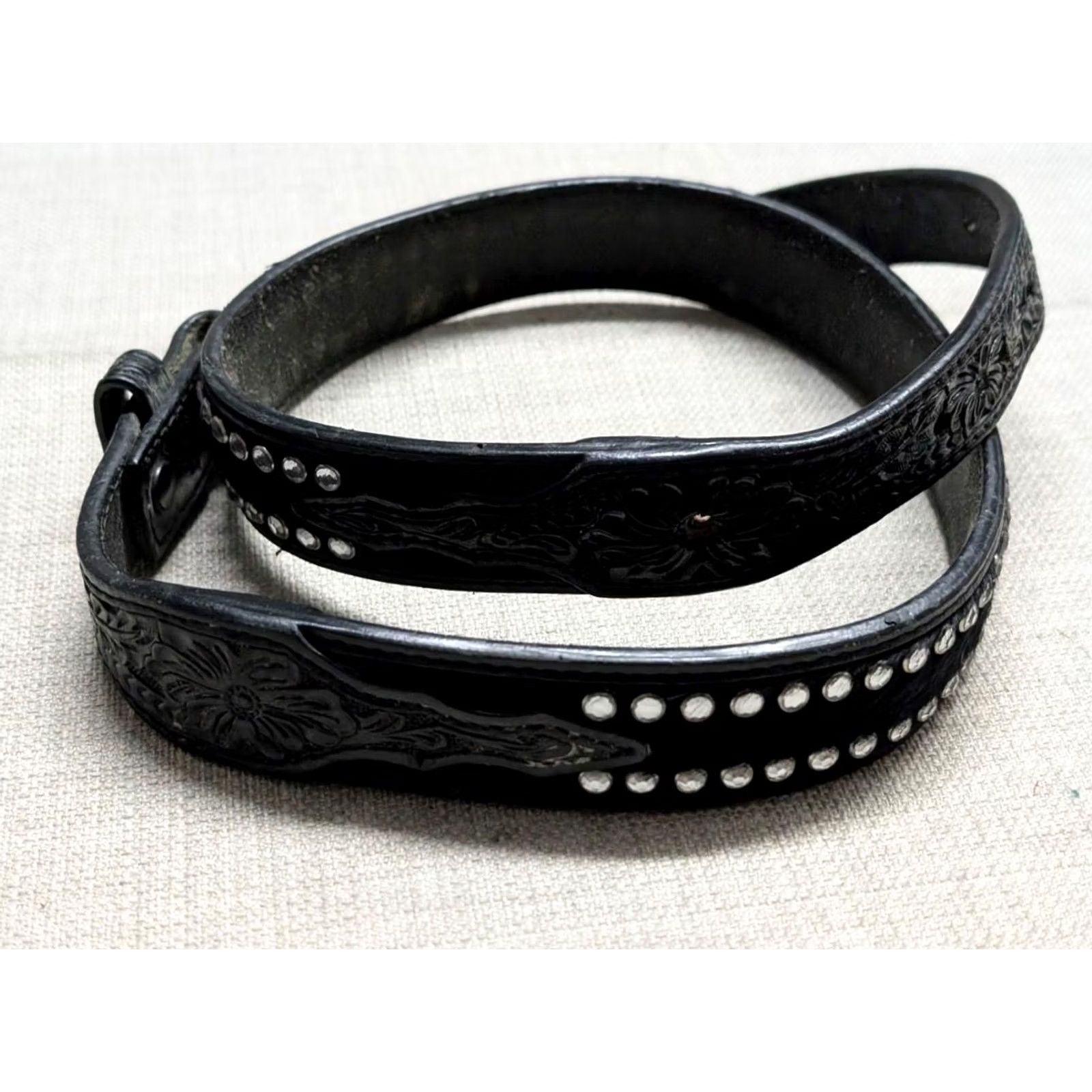 Vintage VINTAGE Ranger Western Belt Studded Buckle 32 Black Leather Tooled Cowboy Rodeo Mens Belt Size 32 - 5 Thumbnail