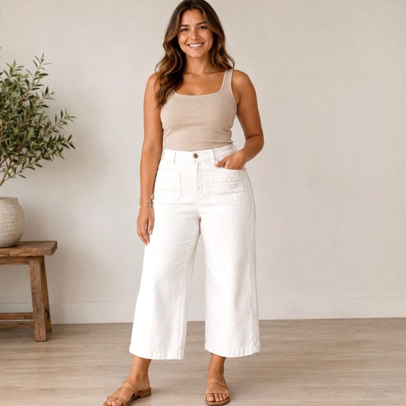 Vintage Curve Appeal Jeans Womens 8 White High Rise Wide Leg Crop Y2K Minimalist Size 30" / US 8 / IT 44 - 2 Thumbnail