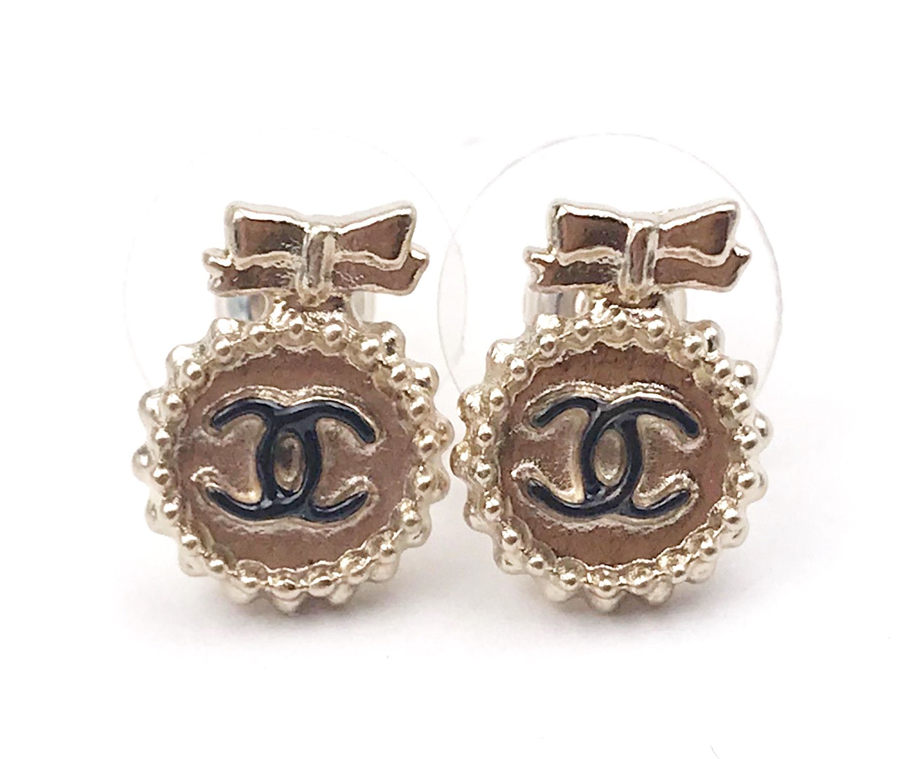 image of Chanel Gold Bow Cc Round Small Button Piercing Earrings, Women's