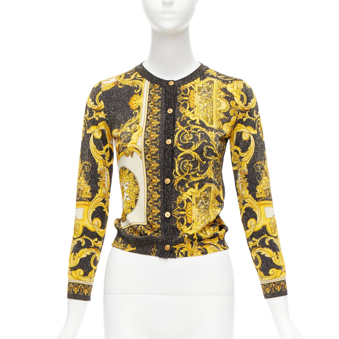 Image of Versace Barocco Tribute Gold Metallic Lurex Knit Medusa Button Cardigan It38 Xs, Women's