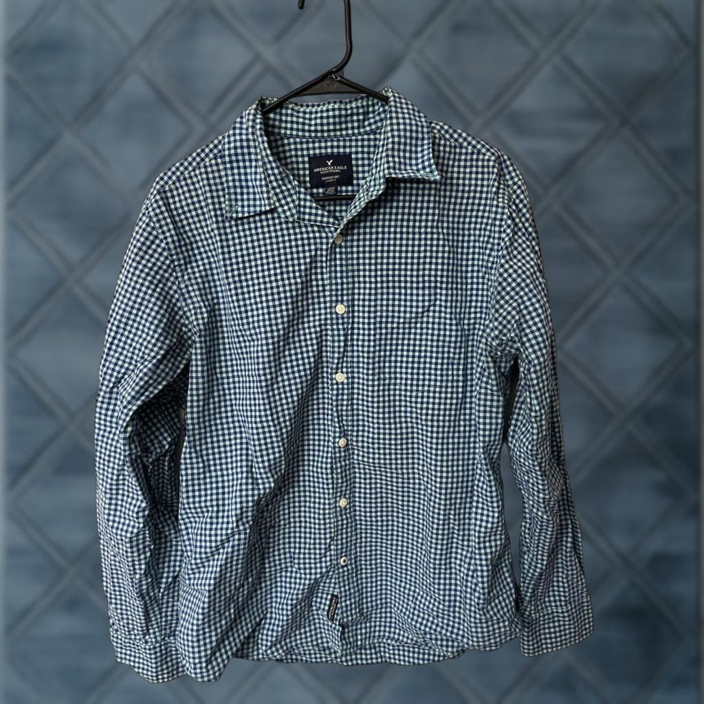 American Eagle Outfitters VINTAGE American Eagle Outfitters Button-Front Shirt Men Large Long Sleeve Blue Gingham Plaid Preppy Style 90s Mens Size US L / EU 52-54 / 3 - 1 Thumbnail