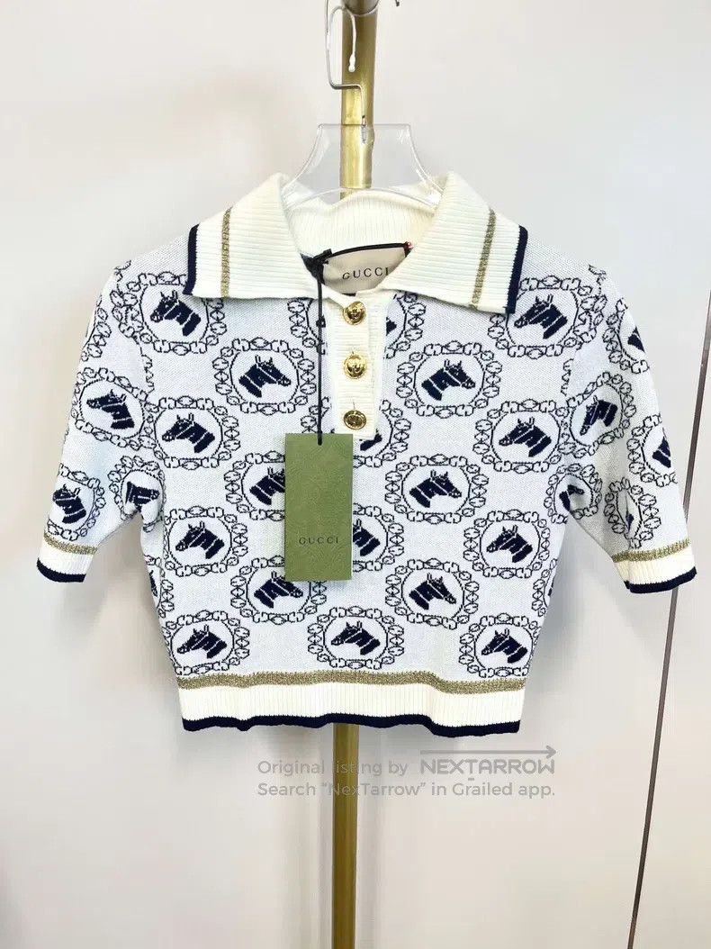 Gucci Gucci White animal pattern knitted short-sleeved polo shir Size XXS / US 00 / IT 34 - 1 Thumbnail