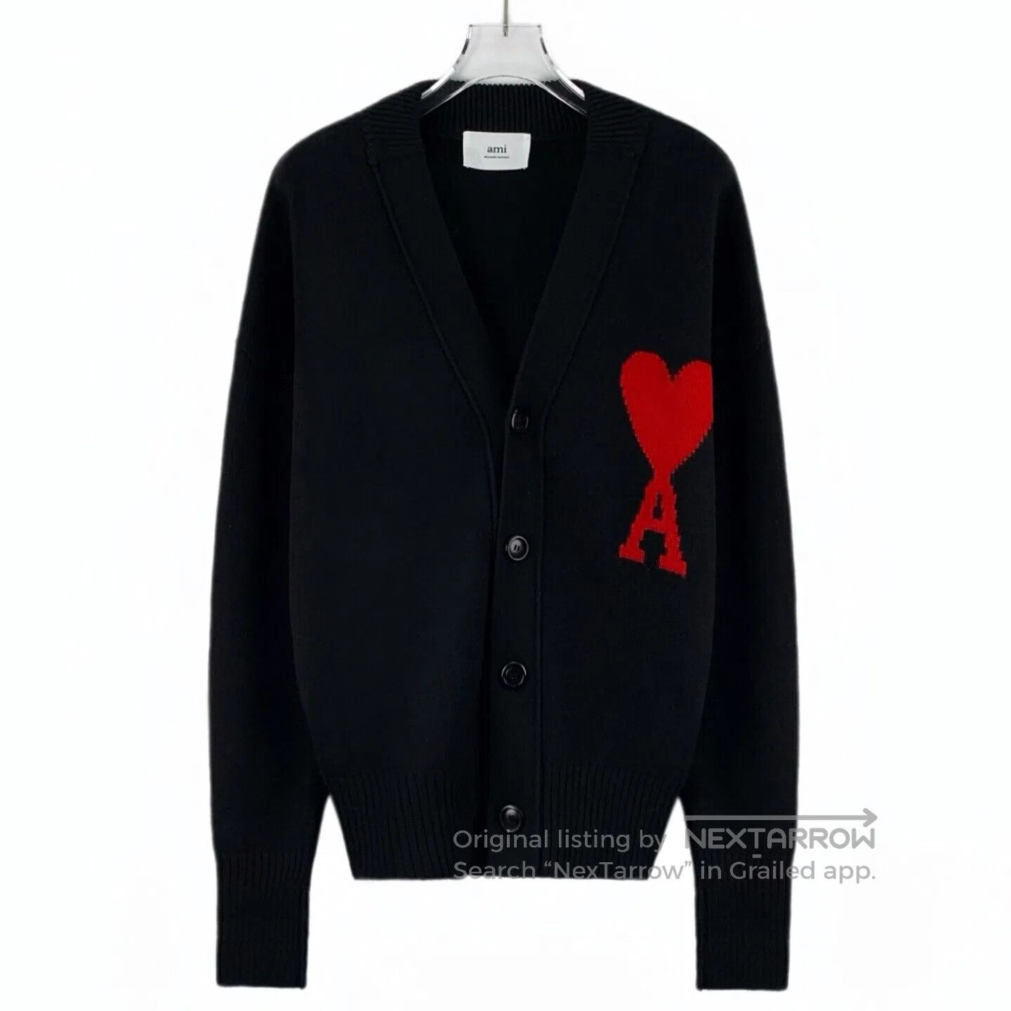 AMI Ami Black Heart Embroidered Wool V-neck Single Breasted Lo Size S / US 4 / IT 40 - 1 Thumbnail