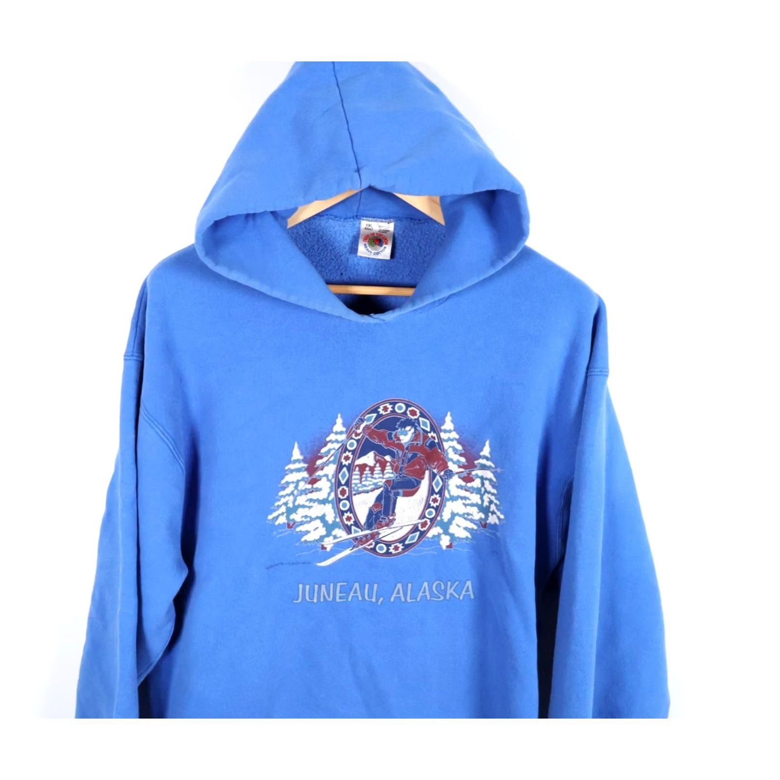 Fruit Of The Loom VINTAGE 90s Juneau Alaska Ski Hoodie Mens XL Blue Pullover Sweatshirt Heavy Cotton VTG Size US XL / EU 56 / 4 - 4 Thumbnail
