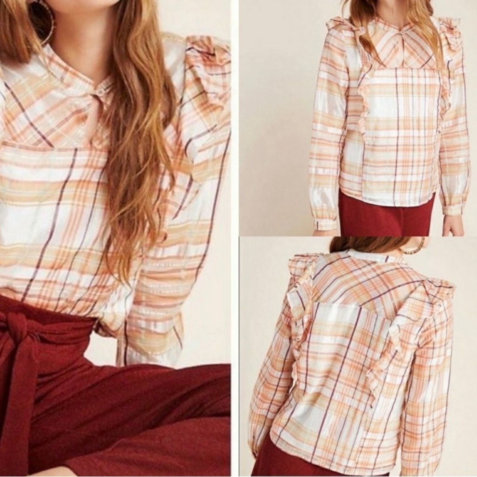 Anthropologie CURRENT AIR ANTHROPOLOGIE Pink Rose Plaid Blouse Size XS NWT Size XS / US 0-2 / IT 36-38 - 10 Thumbnail