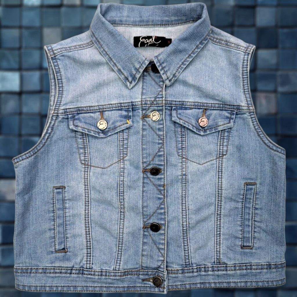 Vintage Earl Jeans Light Wash Denim Vest Blue Straps Back Knit Back Women M Blue Denim Vest Sleeveless Jacket (34x17) Regular Women Size 32" / US 10 / IT 46 - 1 Thumbnail