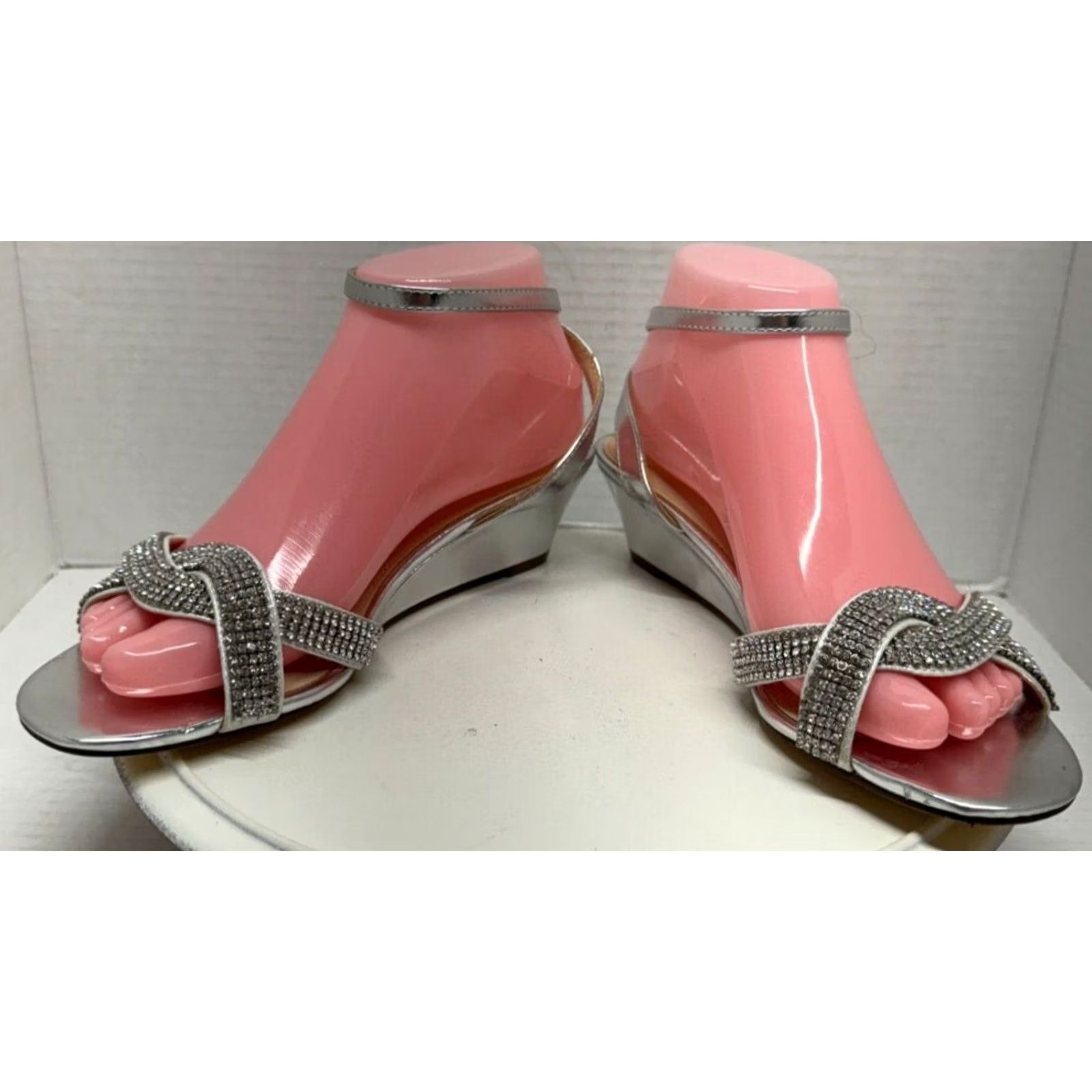 Vintage Nina New York Womens Silver Wedge Rhinestone Ankle Strap Open Toe Heels 8M 38 - USA Size 6 Size US 6 / IT 36 - 6 Thumbnail