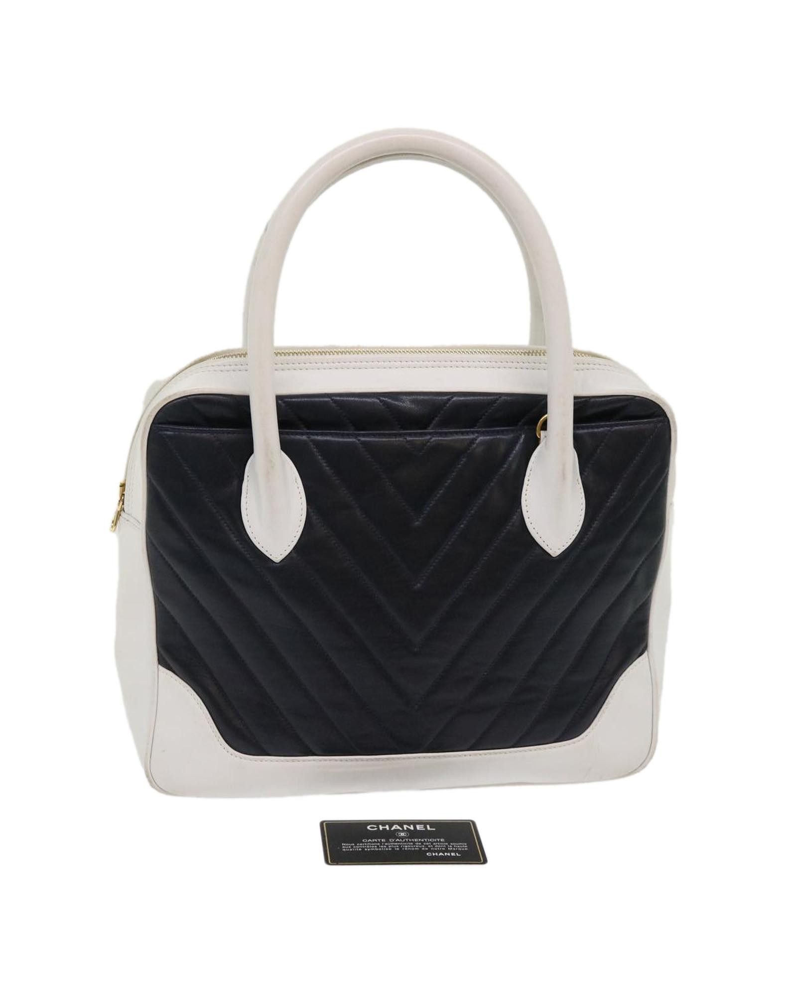 image of Chanel White Black Lamb Skin V Stitch Hand Bag, Women's