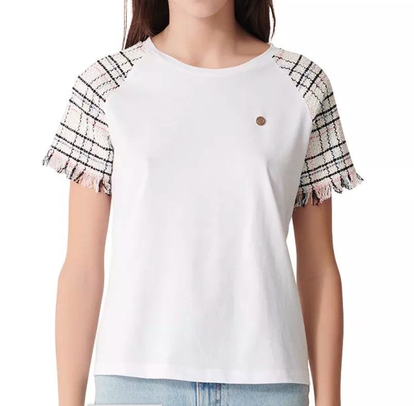 Maje Maje Paris Tweed-Sleeve Tee in Ecru MSRP$155 Parian Chic Size XS / US 0-2 / IT 36-38 - 5 Thumbnail