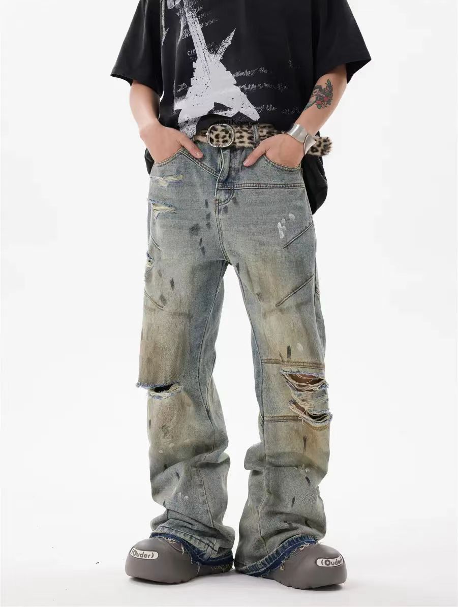Mud-dyed ripped high street washed distressed flared jeans