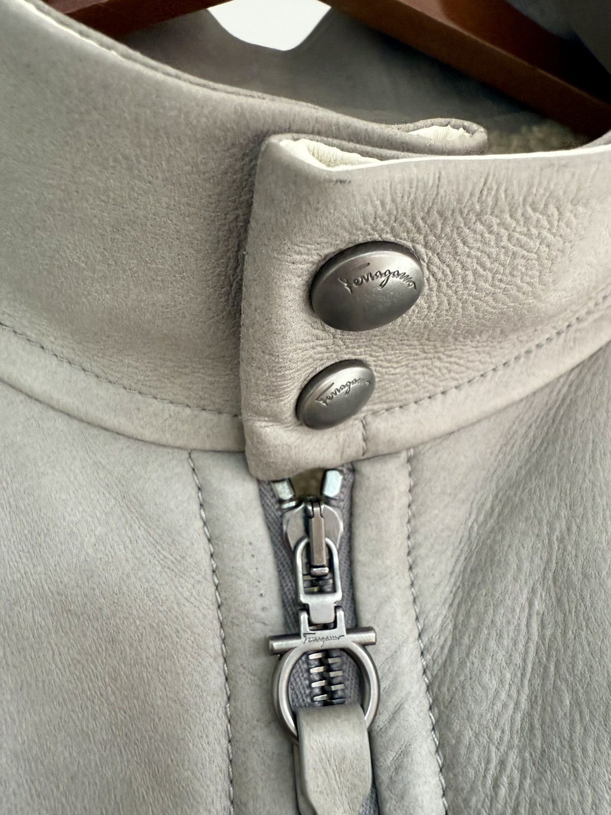 Salvatore Ferragamo Ferragamo Shearling Lamb Leather Bomber Jacket Gray Size US XL / EU 56 / 4 - 4 Thumbnail