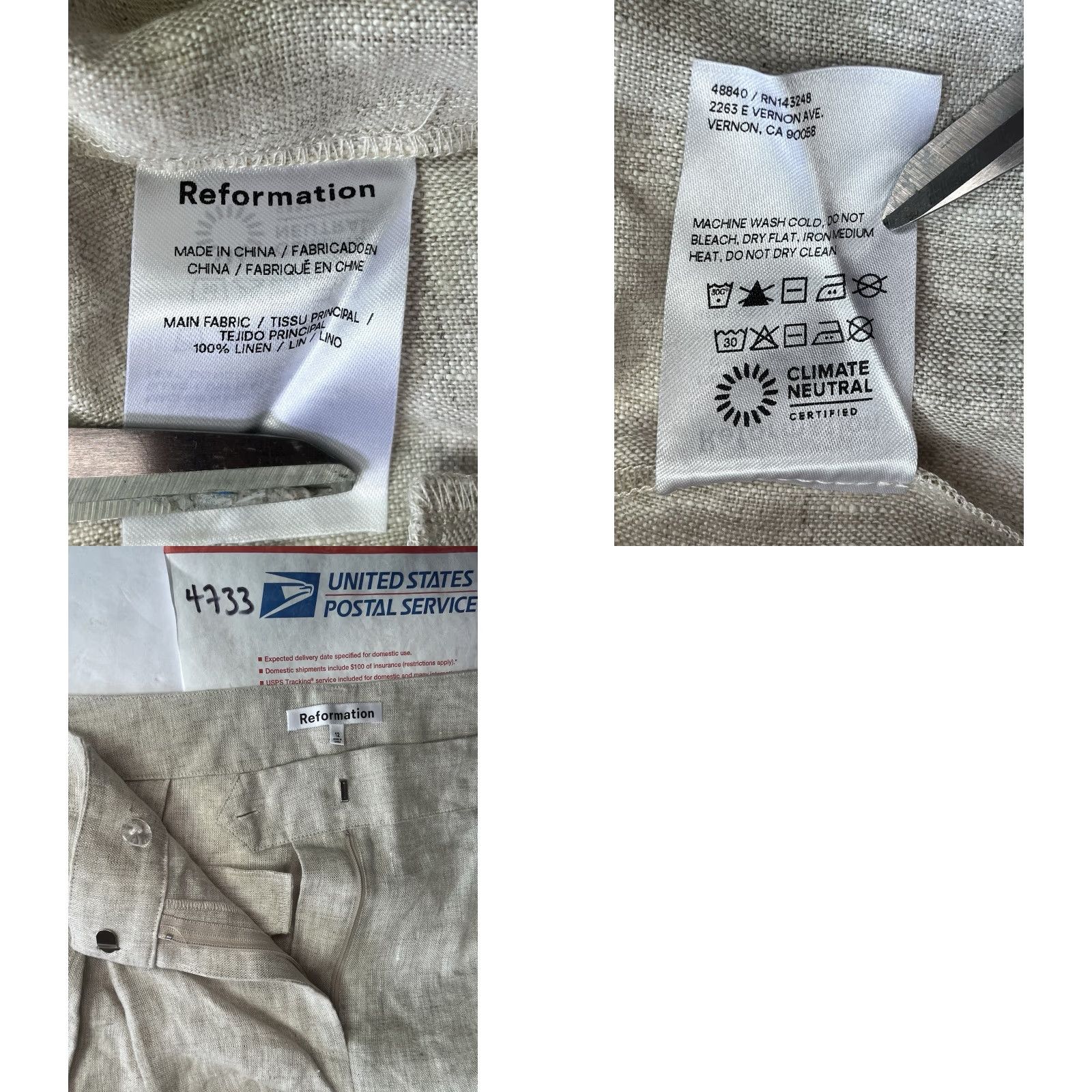 Reformation Reformation Womens Pants 12 Beige 100% Linen Wide-Leg Lightweight Casual Formal Travel Pockets Size 34" / US 12 / IT 48 - 8 Thumbnail